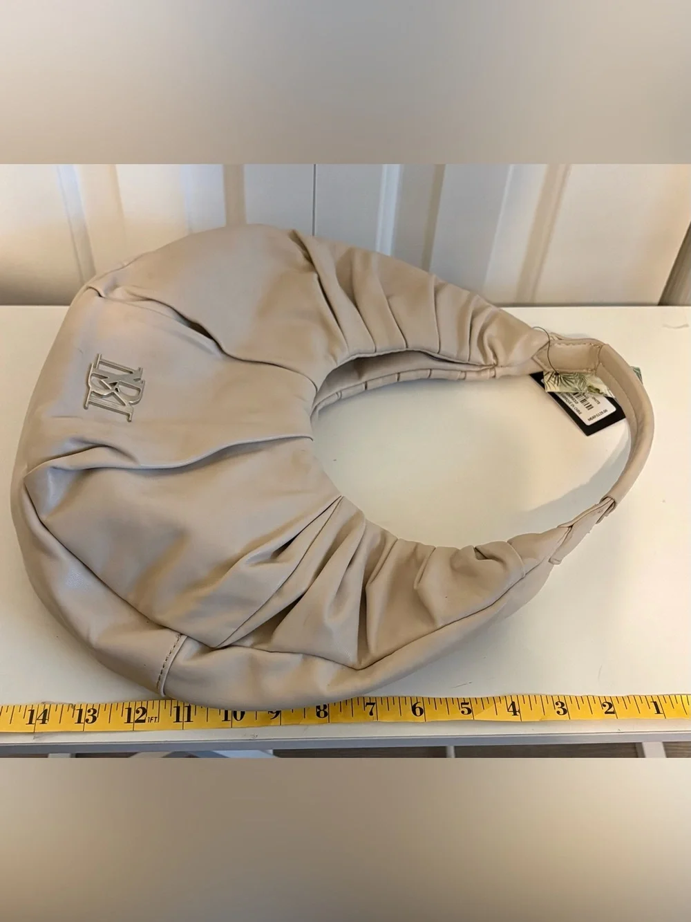 BADGLEY MISCHKA Off-White Ruched Pleated Vegan Leather Crescent Hobo Bag